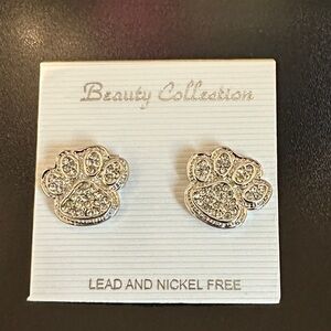 Silver Paw Print Crystal Stud Earrings